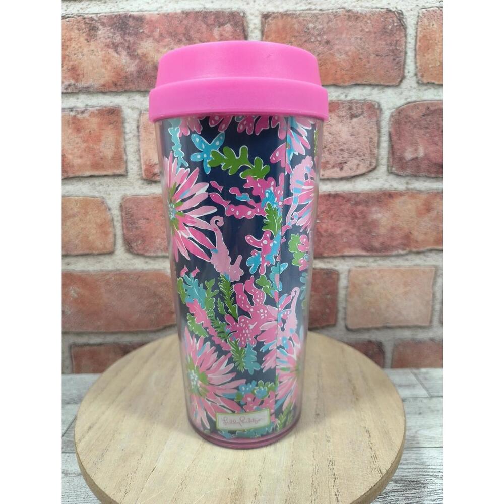 Lilly Pulitzer Plastic Tumbler Travel Mug 16oz Seahorse Sea Life Pink Vented Lid